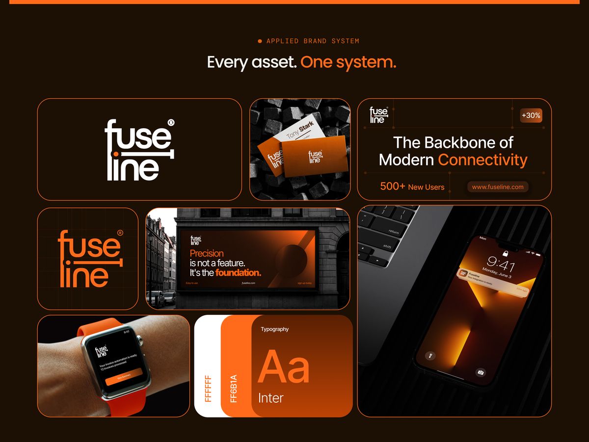 Fuseline applied brand system across print, digital and product