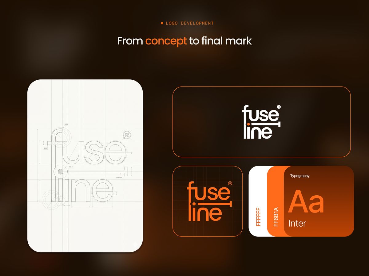 Fuseline logo development, from construction grid to final mark